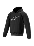 Alpinestars kurtka z kapturem Ageless, męska czarna kurtka motocyklowa miejska, tekstylna z ochroną Nucleon i białym logo.