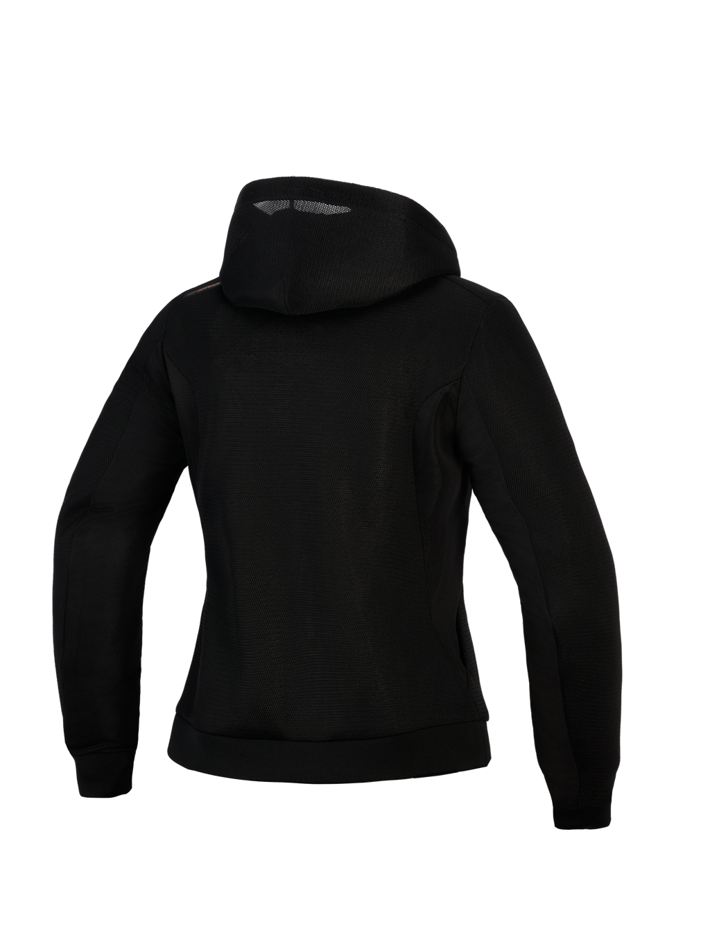 Alpinestars Woman Stella Chrome Superairflow Hoodie, damska bluza motocyklowa, czarna, widok z tyłu ukazujący konstrukcję z siatki 3D, fason z kapturem i miedzianym detalem logo na ramieniu