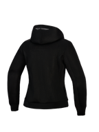 Alpinestars Woman Stella Chrome Superairflow Hoodie, damska bluza motocyklowa, czarna, widok z tyłu ukazujący konstrukcję z siatki 3D, fason z kapturem i miedzianym detalem logo na ramieniu