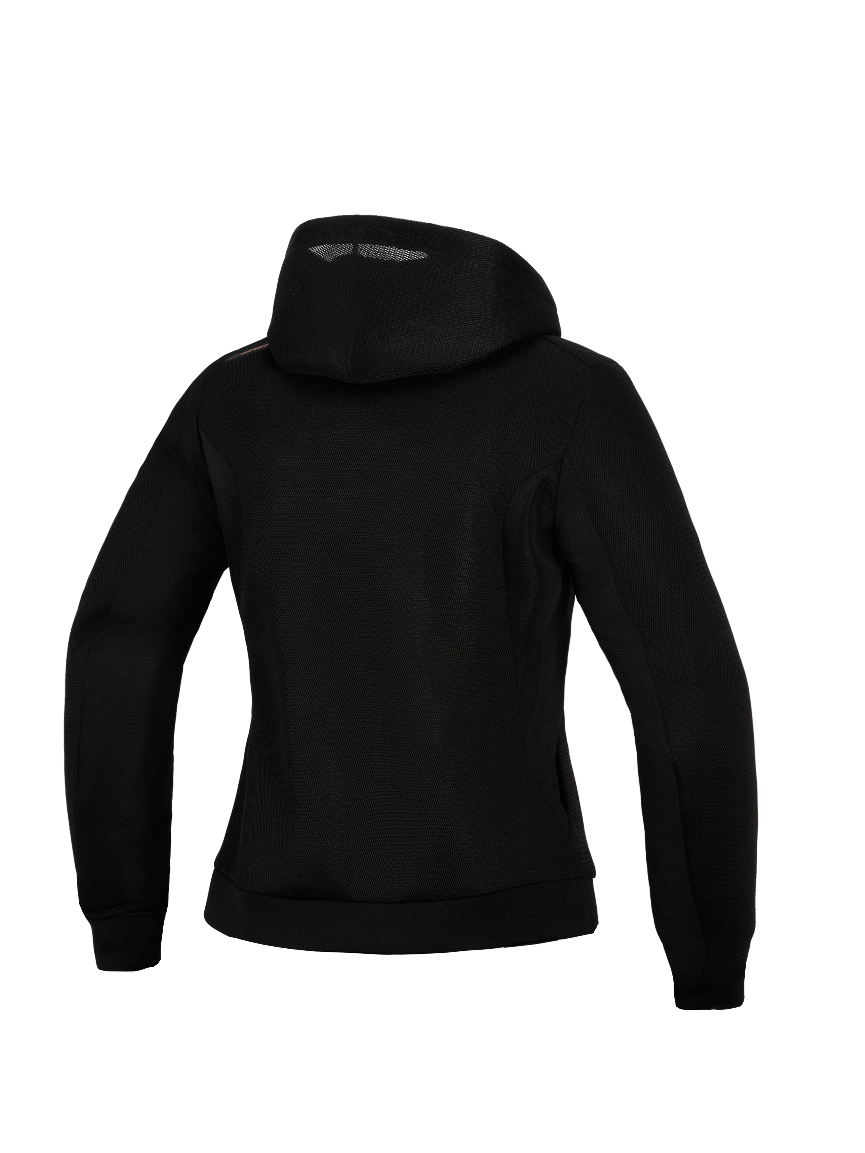 Alpinestars Woman Stella Chrome Superairflow Hoodie, damska bluza motocyklowa, czarna, widok z tyłu ukazujący konstrukcję z siatki 3D, fason z kapturem i miedzianym detalem logo na ramieniu