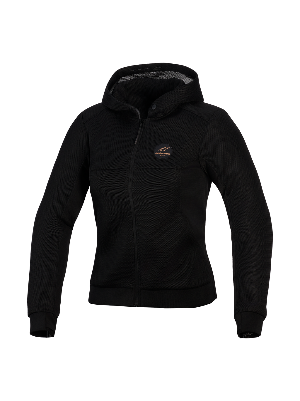 Alpinestars Stella Chrome Superairflow Hoodie, damska techniczna bluza motocyklowa, czarna, konstrukcja z siatki 3D, miedziana naszywka z logo na piersi, pełny zamek z przodu i kaptur, zapewniająca maksymalną wentylację i ochronę miejską