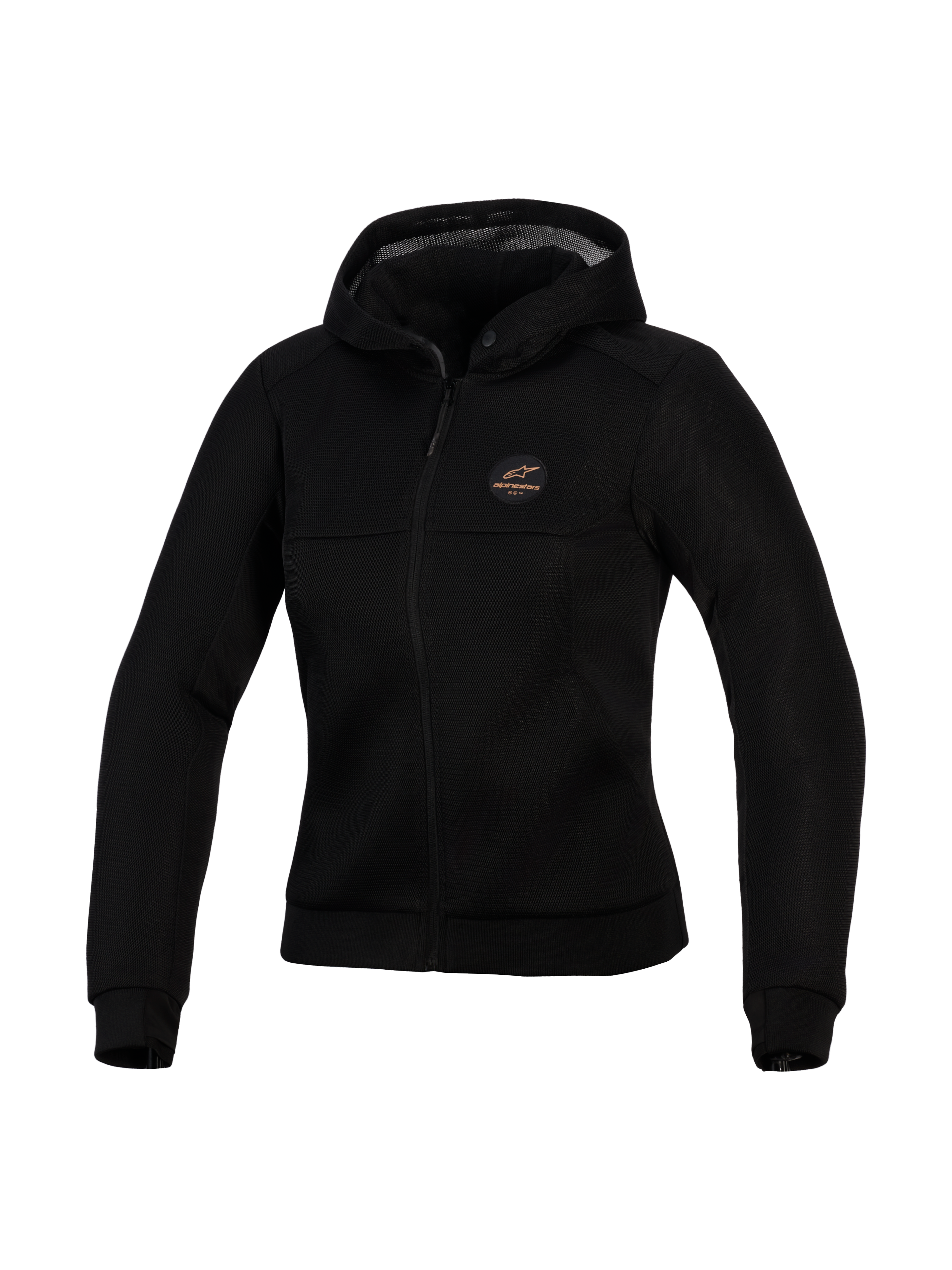 Alpinestars Stella Chrome Superairflow Hoodie, damska techniczna bluza motocyklowa, czarna, konstrukcja z siatki 3D, miedziana naszywka z logo na piersi, pełny zamek z przodu i kaptur, zapewniająca maksymalną wentylację i ochronę miejską