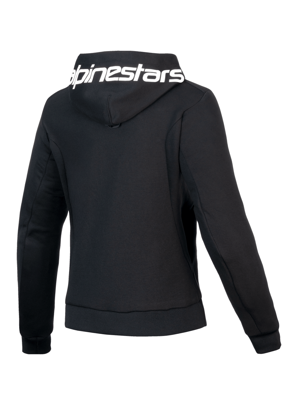 Alpinestars Bluza Z Kapturem Stella Chrome V2 Sport, damska bluza motocyklowa, czarna i biała, certyfikowana CE klasa A, widok z tyłu przedstawiający markowy kaptur i sportowy krój