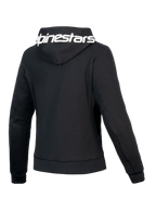 Alpinestars Bluza Z Kapturem Stella Chrome V2 Sport, damska bluza motocyklowa, czarna i biała, certyfikowana CE klasa A, widok z tyłu przedstawiający markowy kaptur i sportowy krój