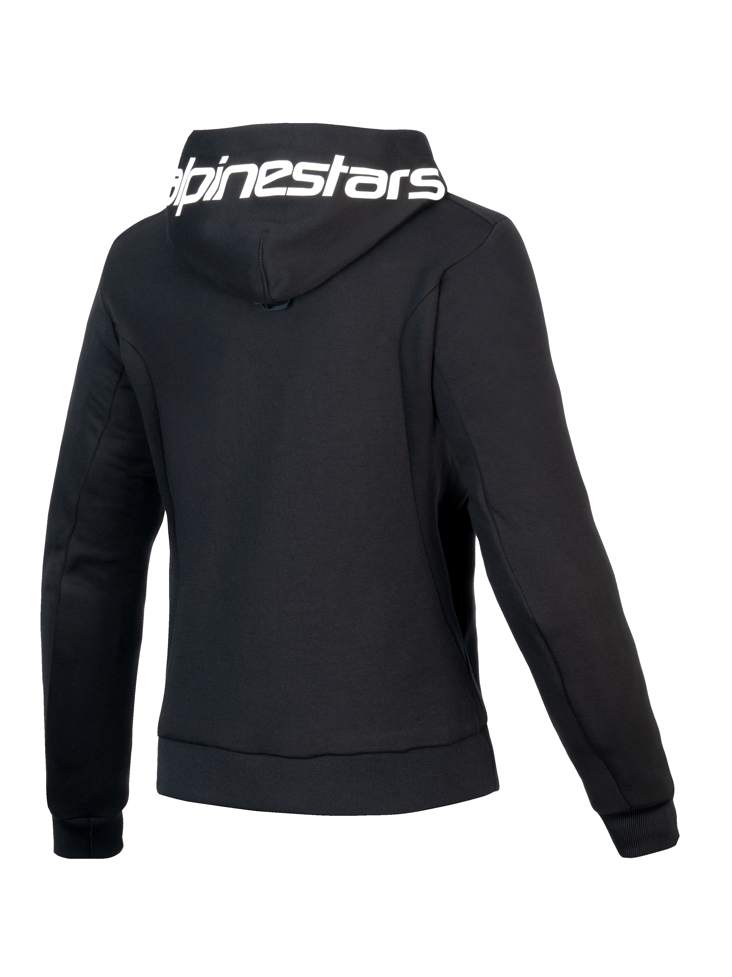 Alpinestars Bluza Z Kapturem Stella Chrome V2 Sport, damska bluza motocyklowa, czarna i biała, certyfikowana CE klasa A, widok z tyłu przedstawiający markowy kaptur i sportowy krój