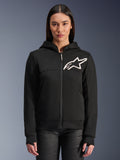 Alpinestars Stella Chrome V2 Sport Hoodie, damska czarna motocyklowa bluza rozpinana z kapturem, białe logo gwiazdy na piersi, konstrukcja z technicznego polaru, kaptur z guzikiem zatrzaskowym przy kołnierzu, miejska odzież wyczynowa