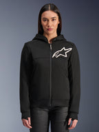 Alpinestars Stella Chrome V2 Sport Hoodie, damska czarna motocyklowa bluza rozpinana z kapturem, białe logo gwiazdy na piersi, konstrukcja z technicznego polaru, kaptur z guzikiem zatrzaskowym przy kołnierzu, miejska odzież wyczynowa