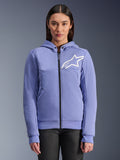 Alpinestars Stella Chrome V2 Sport Hoodie, damska bluza motocyklowa z kapturem, fioletowo-niebieska z białym logo gwiazdy, pełny zamek błyskawiczny z przodu, zapięcie kaptura na zatrzaski, materiał tech fleece do jazdy miejskiej, codzienna ochronna kurtka motocyklowa