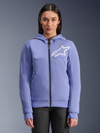 Alpinestars Stella Chrome V2 Sport Hoodie, damska bluza motocyklowa z kapturem, fioletowo-niebieska z białym logo gwiazdy, pełny zamek błyskawiczny z przodu, zapięcie kaptura na zatrzaski, materiał tech fleece do jazdy miejskiej, codzienna ochronna kurtka motocyklowa