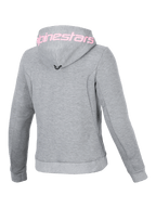 Alpinestars Stella Chrome V2 Sport, damska bluza z kapturem, szary melanż i różowy fluo, techniczny polar, widok z tyłu.
