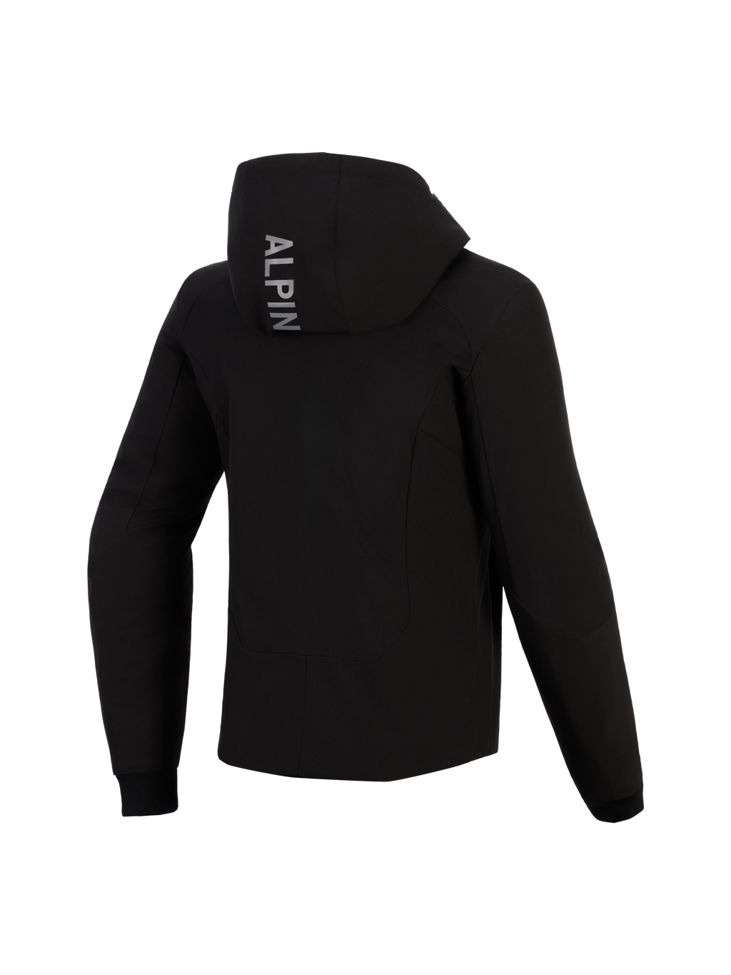 Alpinestars Stella Radium Tech Hoodie, widok z tyłu, czarna techniczna bluza motocyklowa, pionowy napis „ALPIN” na kapturze, elastyczne prążkowane mankiety, ochronna miejska odzież motocyklowa dla kobiet