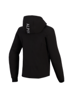 Alpinestars Stella Radium Tech Hoodie, widok z tyłu, czarna techniczna bluza motocyklowa, pionowy napis „ALPIN” na kapturze, elastyczne prążkowane mankiety, ochronna miejska odzież motocyklowa dla kobiet
