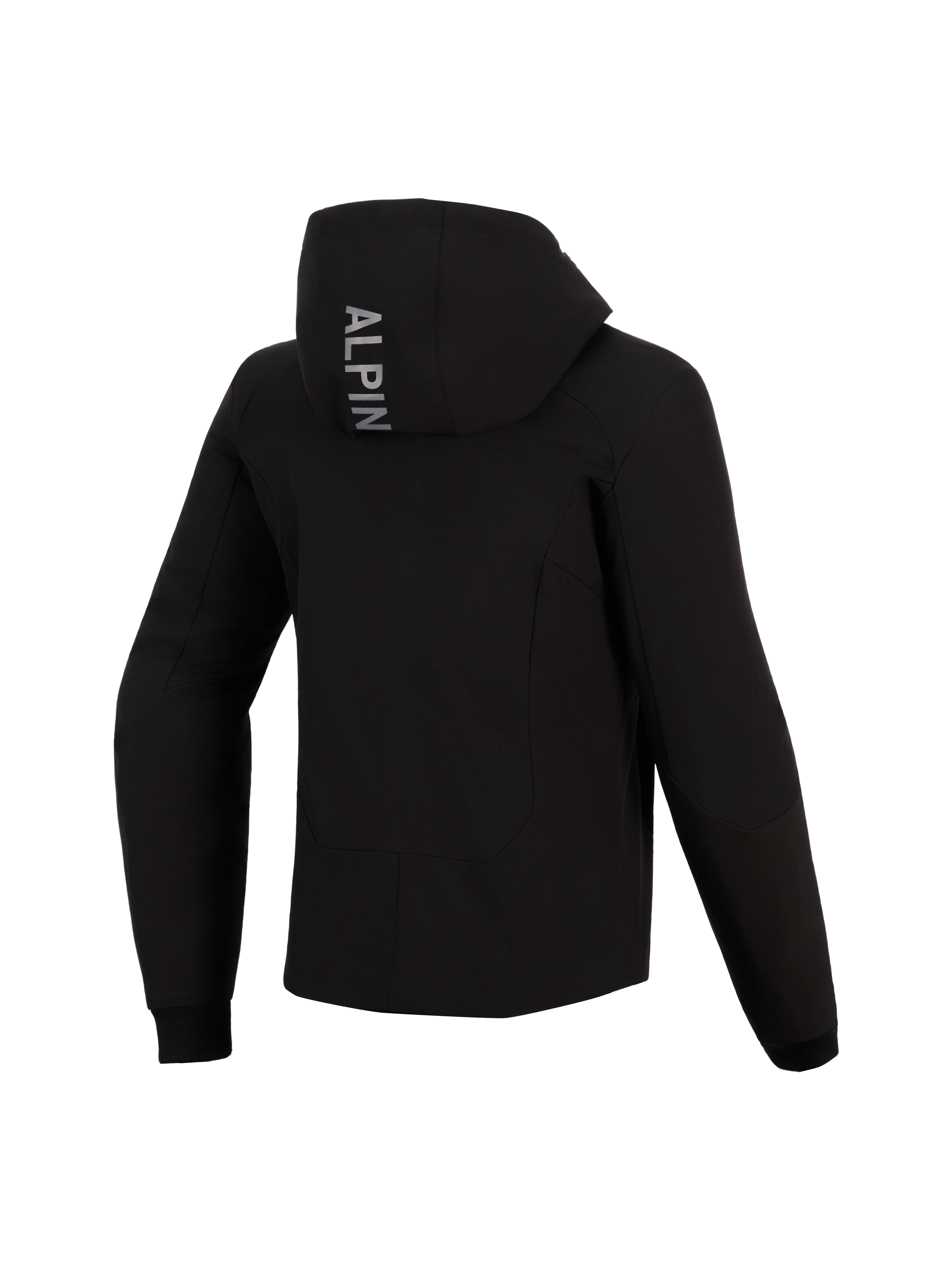 Alpinestars Stella Radium Tech Hoodie, widok z tyłu, czarna techniczna bluza motocyklowa, pionowy napis „ALPIN” na kapturze, elastyczne prążkowane mankiety, ochronna miejska odzież motocyklowa dla kobiet