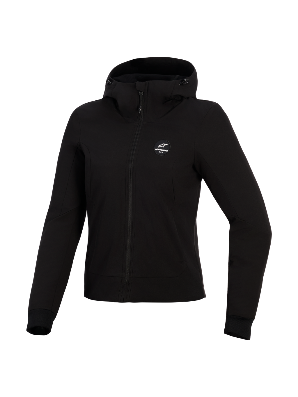 Alpinestars Stella Radium Tech Hoodie, damska bluza motocyklowa, czarna, 3-warstwowa wiatroszczelna powłoka techniczna, widok z przodu, kaptur ze ściągaczami i żebrowane mankiety, miejska ochronna odzież motocyklowa