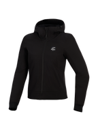 Alpinestars Stella Radium Tech Hoodie, damska bluza motocyklowa, czarna, 3-warstwowa wiatroszczelna powłoka techniczna, widok z przodu, kaptur ze ściągaczami i żebrowane mankiety, miejska ochronna odzież motocyklowa