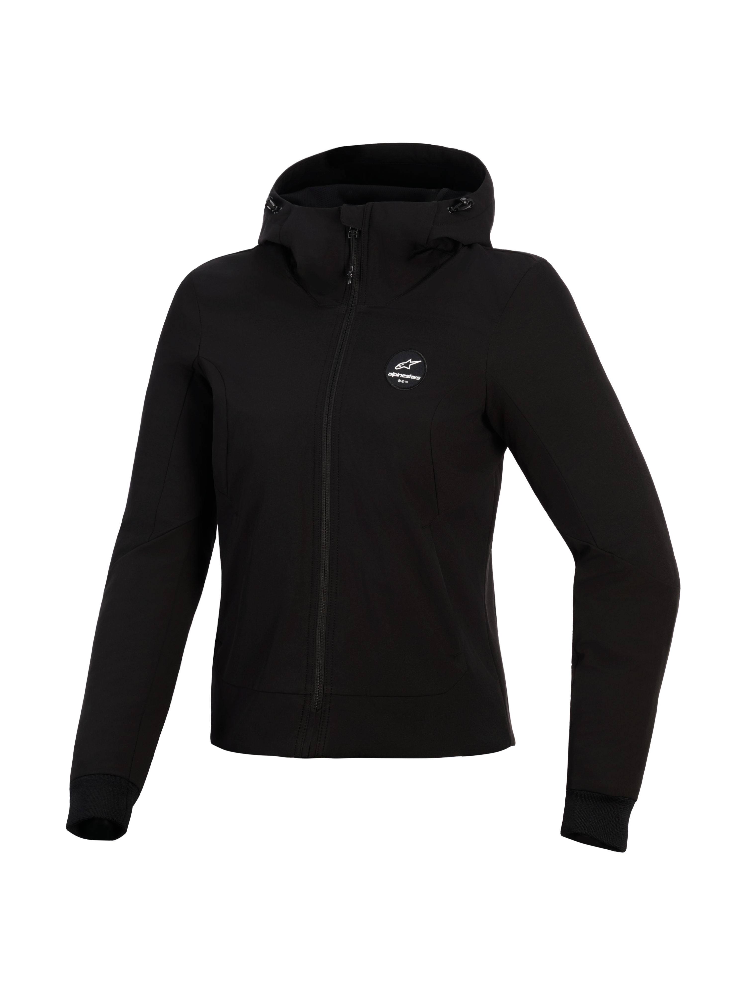 Alpinestars Stella Radium Tech Hoodie, damska bluza motocyklowa, czarna, 3-warstwowa wiatroszczelna powłoka techniczna, widok z przodu, kaptur ze ściągaczami i żebrowane mankiety, miejska ochronna odzież motocyklowa