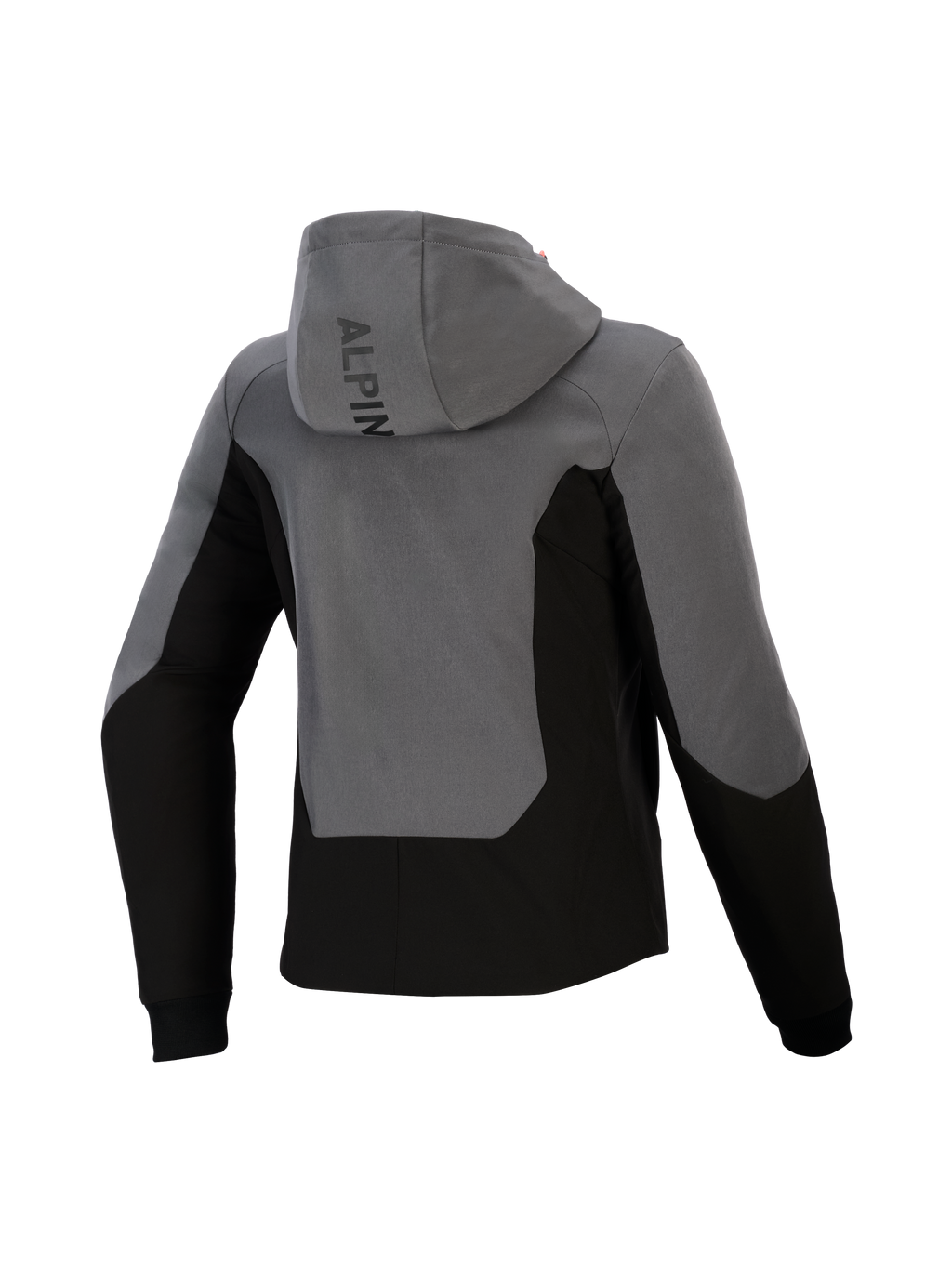 Alpinestars Woman Stella Radium Tech Hoodie, widok z tyłu, ciemnoszary i czarny, miejska bluza motocyklowa z wiatroszczelną powłoką, design z kolorowymi panelami, branding Alpinestars na kapturze i ściągacze przy mankietach.