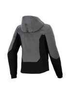 Alpinestars Woman Stella Radium Tech Hoodie, widok z tyłu, ciemnoszary i czarny, miejska bluza motocyklowa z wiatroszczelną powłoką, design z kolorowymi panelami, branding Alpinestars na kapturze i ściągacze przy mankietach.