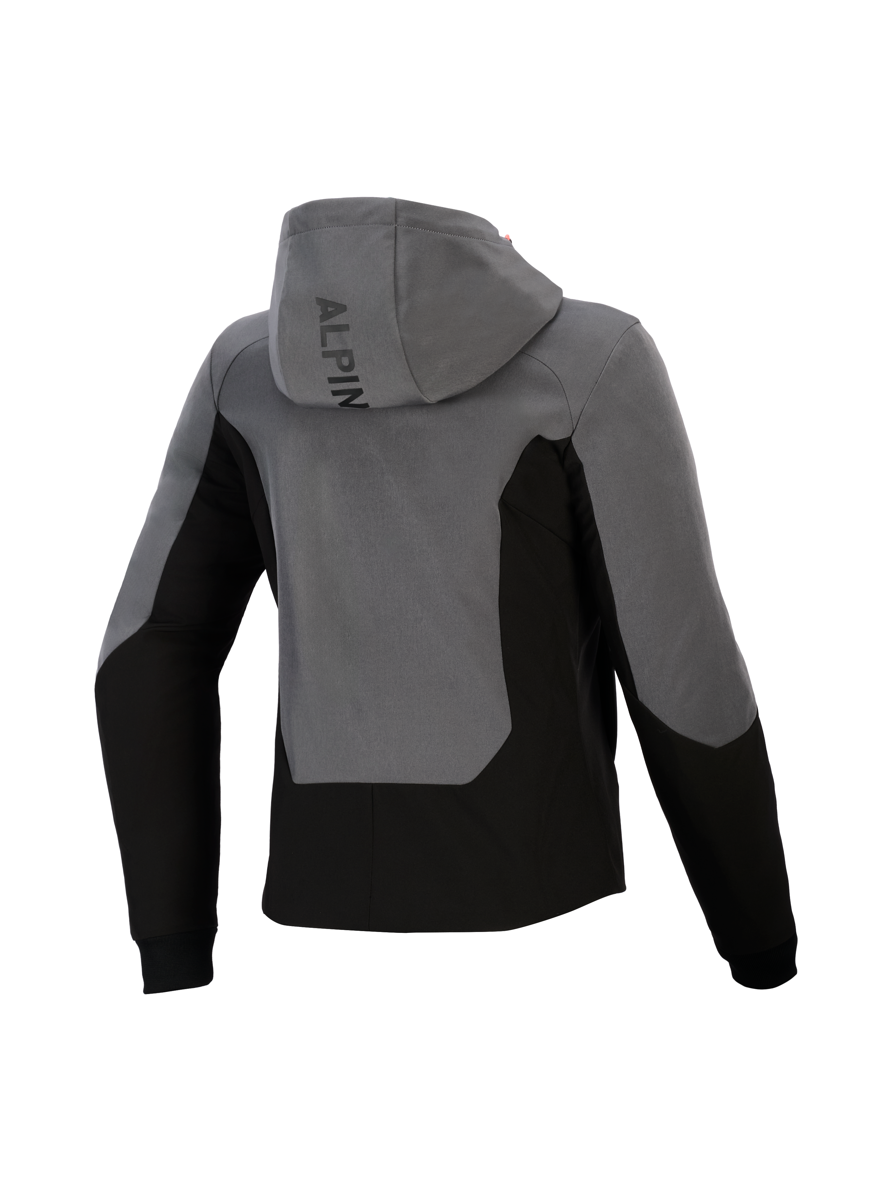 Alpinestars Woman Stella Radium Tech Hoodie, widok z tyłu, ciemnoszary i czarny, miejska bluza motocyklowa z wiatroszczelną powłoką, design z kolorowymi panelami, branding Alpinestars na kapturze i ściągacze przy mankietach.