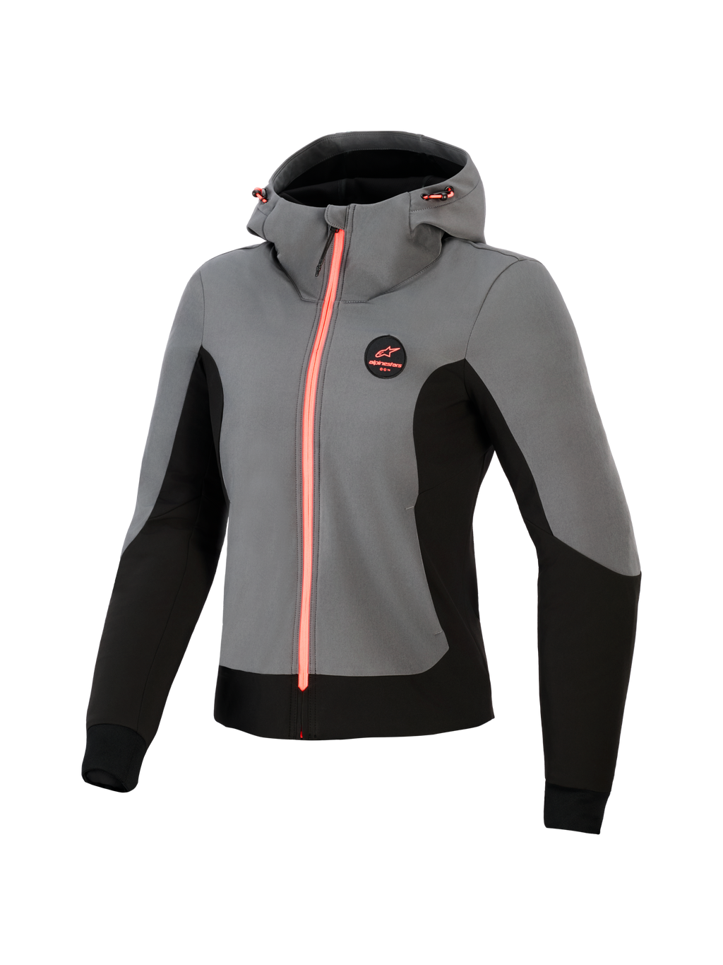 Alpinestars Woman Stella Radium Tech Hoodie, damska techniczna bluza motocyklowa, ciemnoszara i czarna z jaskrawymi koralowymi akcentami, 3-warstwowa wiatroszczelna powłoka, miejski design, regulowany kaptur i sportowy krój