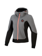 Alpinestars Woman Stella Radium Tech Hoodie, damska techniczna bluza motocyklowa, ciemnoszara i czarna z jaskrawymi koralowymi akcentami, 3-warstwowa wiatroszczelna powłoka, miejski design, regulowany kaptur i sportowy krój