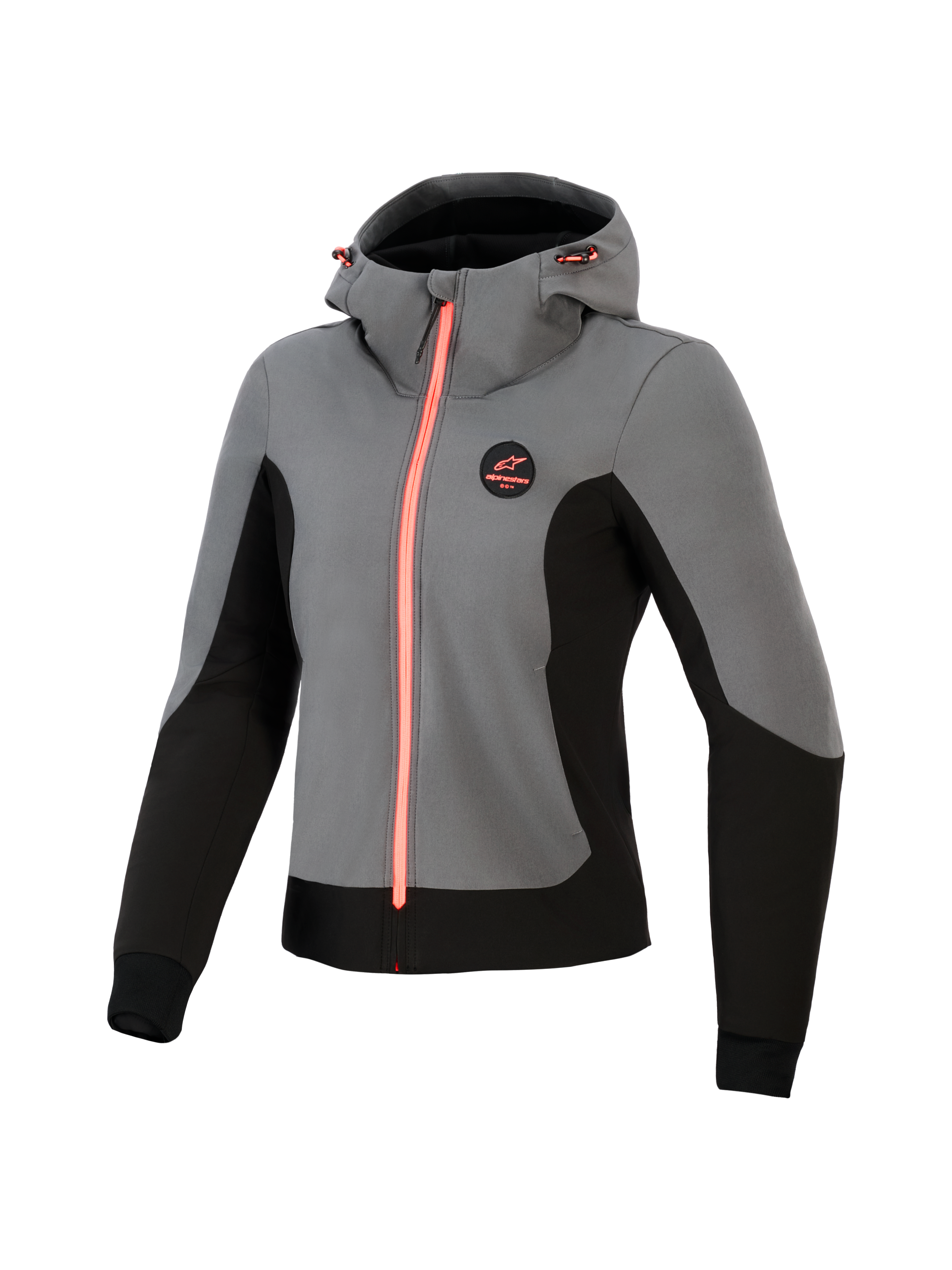 Alpinestars Woman Stella Radium Tech Hoodie, damska techniczna bluza motocyklowa, ciemnoszara i czarna z jaskrawymi koralowymi akcentami, 3-warstwowa wiatroszczelna powłoka, miejski design, regulowany kaptur i sportowy krój