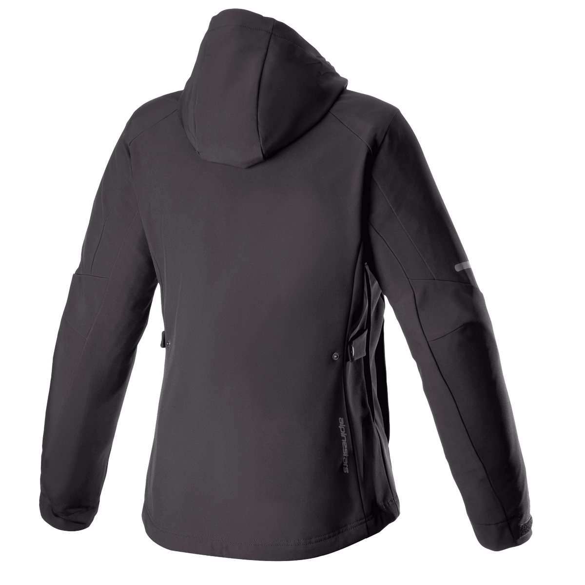 Alpinestars Stella Neo Waterproof Hoodie, damska wodoodporna bluza motocyklowa, widok z tyłu, czarna, techniczna konstrukcja softshell z odpinanym kapturem, subtelne pionowe logo na dole pleców, dopasowany kobiecy krój do jazdy miejskiej