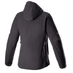 Alpinestars Stella Neo Waterproof Hoodie, damska wodoodporna bluza motocyklowa, widok z tyłu, czarna, techniczna konstrukcja softshell z odpinanym kapturem, subtelne pionowe logo na dole pleców, dopasowany kobiecy krój do jazdy miejskiej