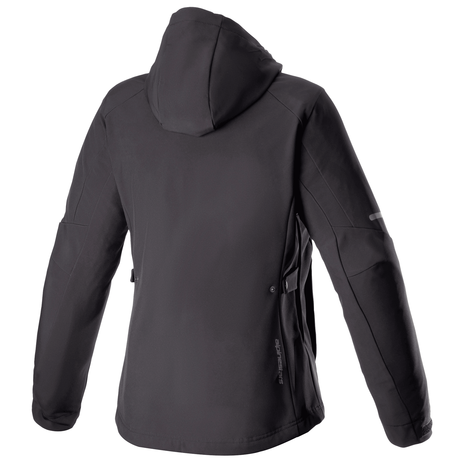 Alpinestars Stella Neo Waterproof Hoodie, damska wodoodporna bluza motocyklowa, widok z tyłu, czarna, techniczna konstrukcja softshell z odpinanym kapturem, subtelne pionowe logo na dole pleców, dopasowany kobiecy krój do jazdy miejskiej