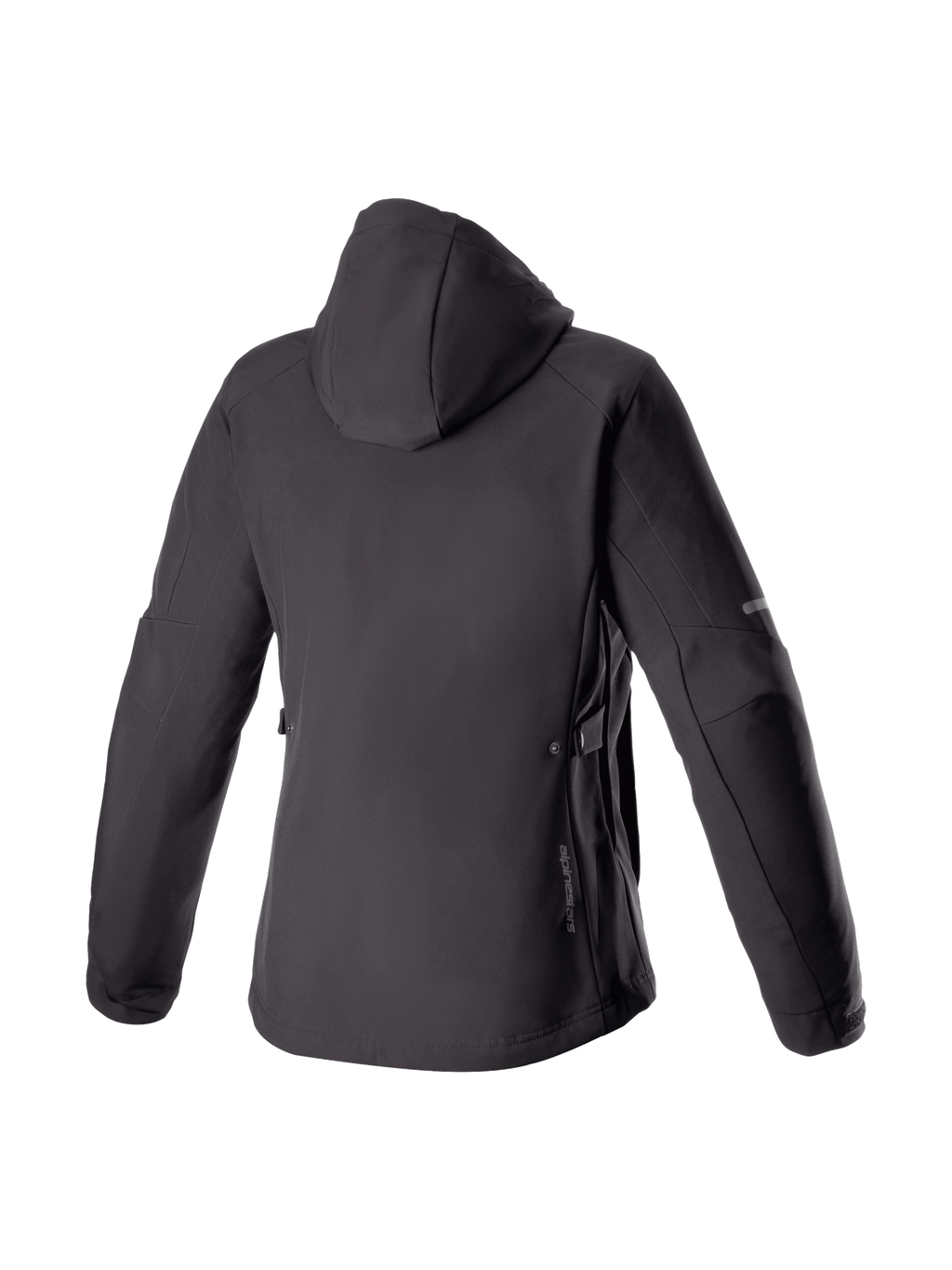 Alpinestars Stella Neo Waterproof Hoodie, czarna damska miejska kurtka motocyklowa z softshellu, widok z tyłu z kapturem.