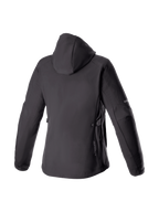 Alpinestars Stella Neo Waterproof Hoodie, czarna damska miejska kurtka motocyklowa z softshellu, widok z tyłu z kapturem.