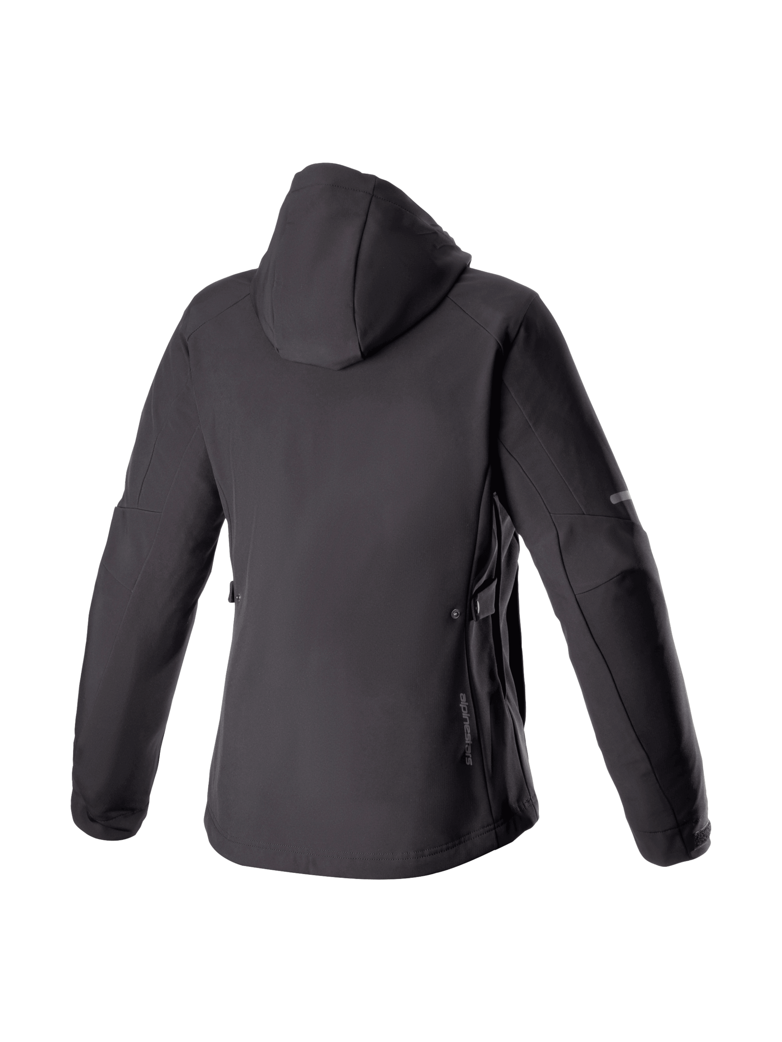 Alpinestars Stella Neo Waterproof Hoodie, czarna damska miejska kurtka motocyklowa z softshellu, widok z tyłu z kapturem.