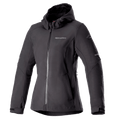 Alpinestars Stella Neo Waterproof Hoodie, damska kurtka motocyklowa, czarna, fason z kapturem i centralnym zamkiem błyskawicznym, regulowane mankiety, techniczna tkanina softshell, dopasowany kobiecy krój z brandingiem na klatce piersiowej