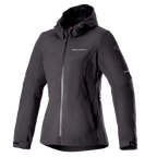 Alpinestars Stella Neo Waterproof Hoodie, damska kurtka motocyklowa, czarna, fason z kapturem i centralnym zamkiem błyskawicznym, regulowane mankiety, techniczna tkanina softshell, dopasowany kobiecy krój z brandingiem na klatce piersiowej