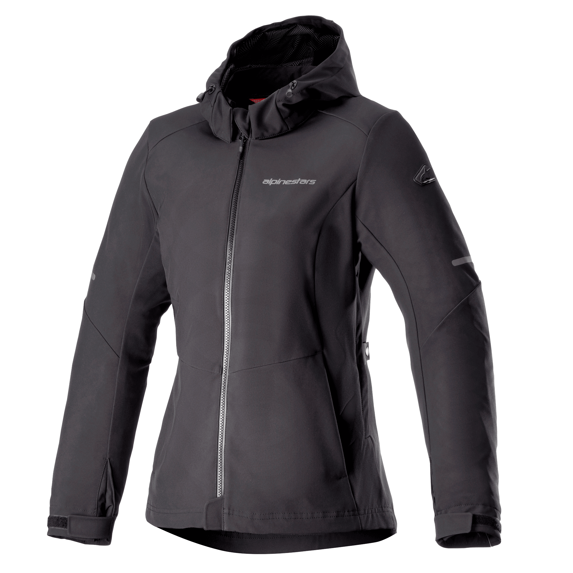 Alpinestars Stella Neo Waterproof Hoodie, damska kurtka motocyklowa, czarna, fason z kapturem i centralnym zamkiem błyskawicznym, regulowane mankiety, techniczna tkanina softshell, dopasowany kobiecy krój z brandingiem na klatce piersiowej