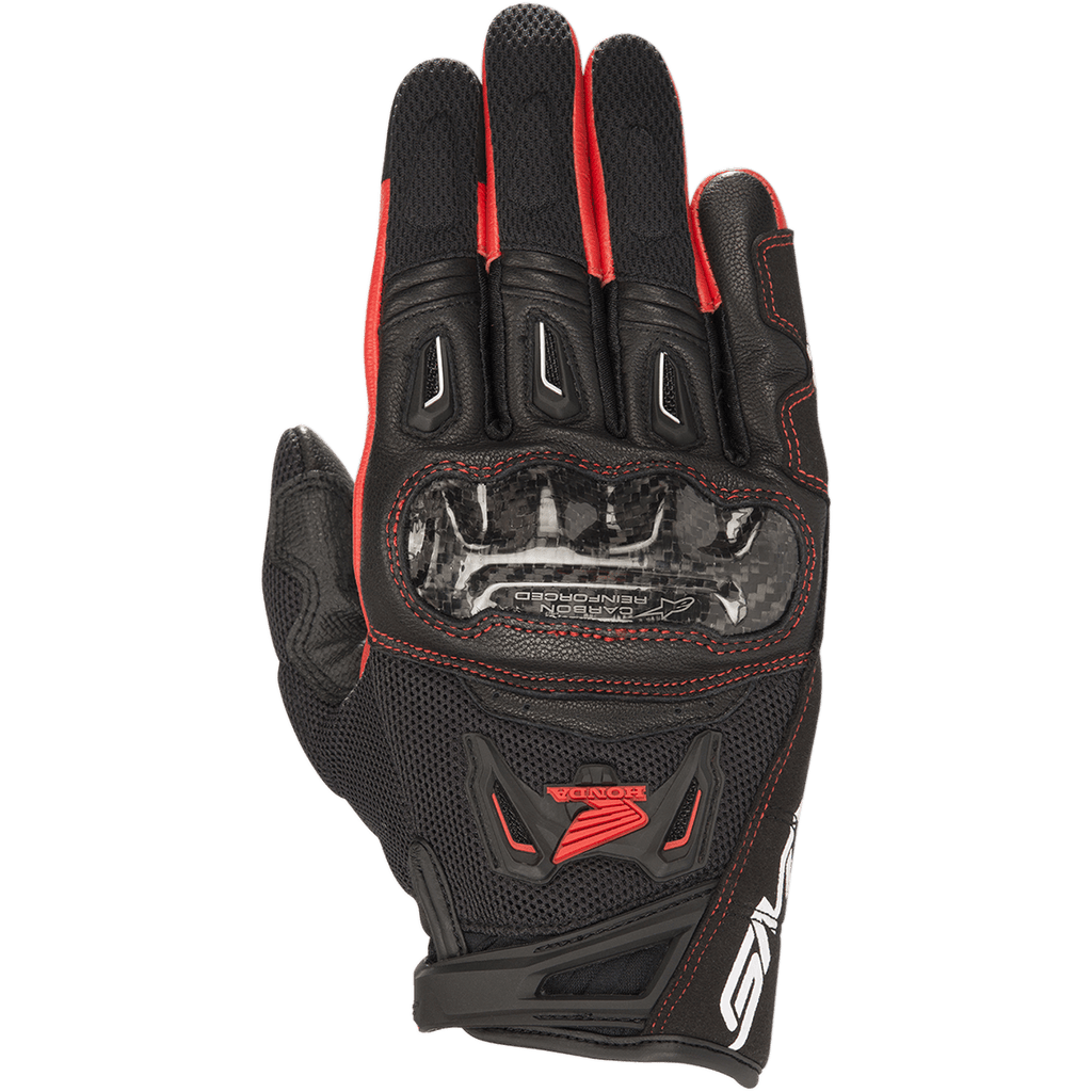 Alpinestars Honda SMX-2 Air Carbon V2 Gloves, Motorcycle Sport Gloves, Black and Red, featuring a carbon fiber knuckle guard, 3D mesh and leather shell, red Honda wing logo and stitching, short cuff design for performance street riding.