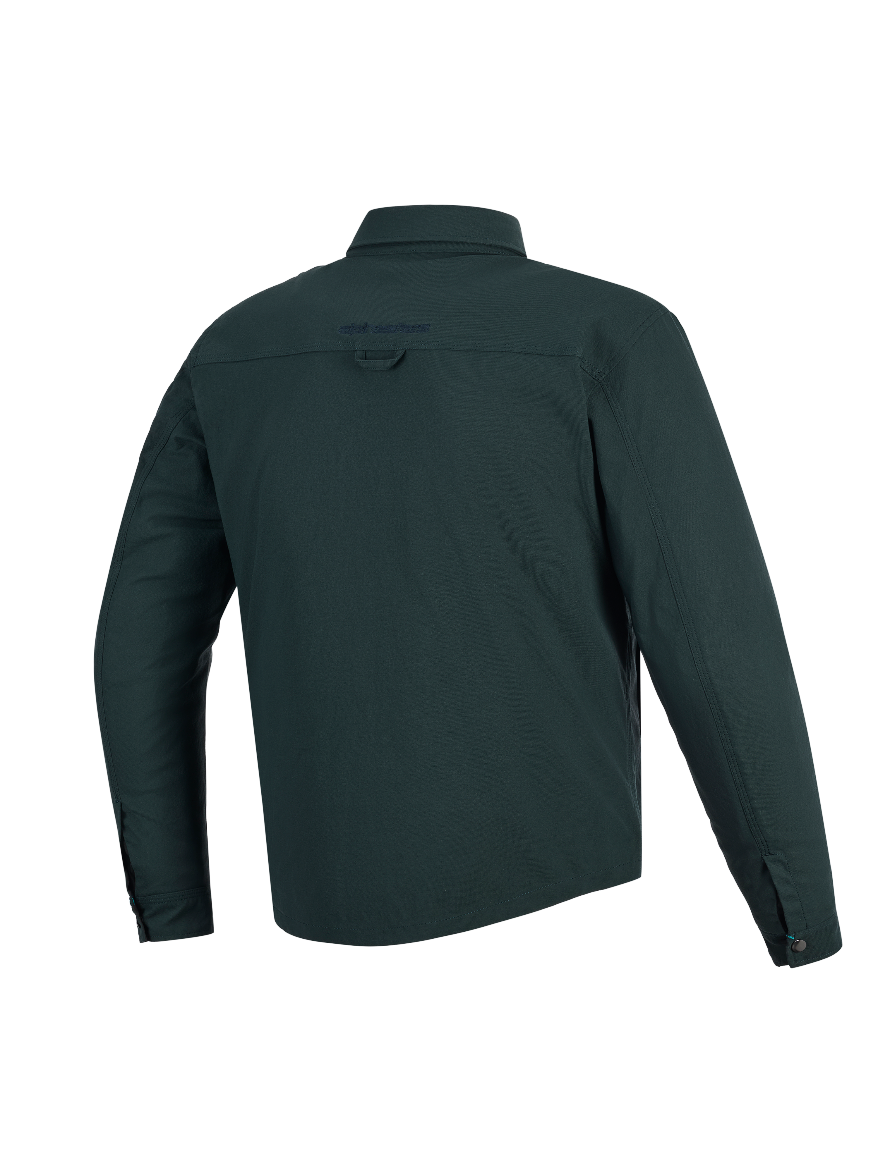Alpinestars Bryon Water Resistant Overshirt, Dark Emerald, Back View, water-resistant waxed canvas motorcycle jacket, features embroidered logo on upper back, back hanging loop, and longer rear profile for coverage
