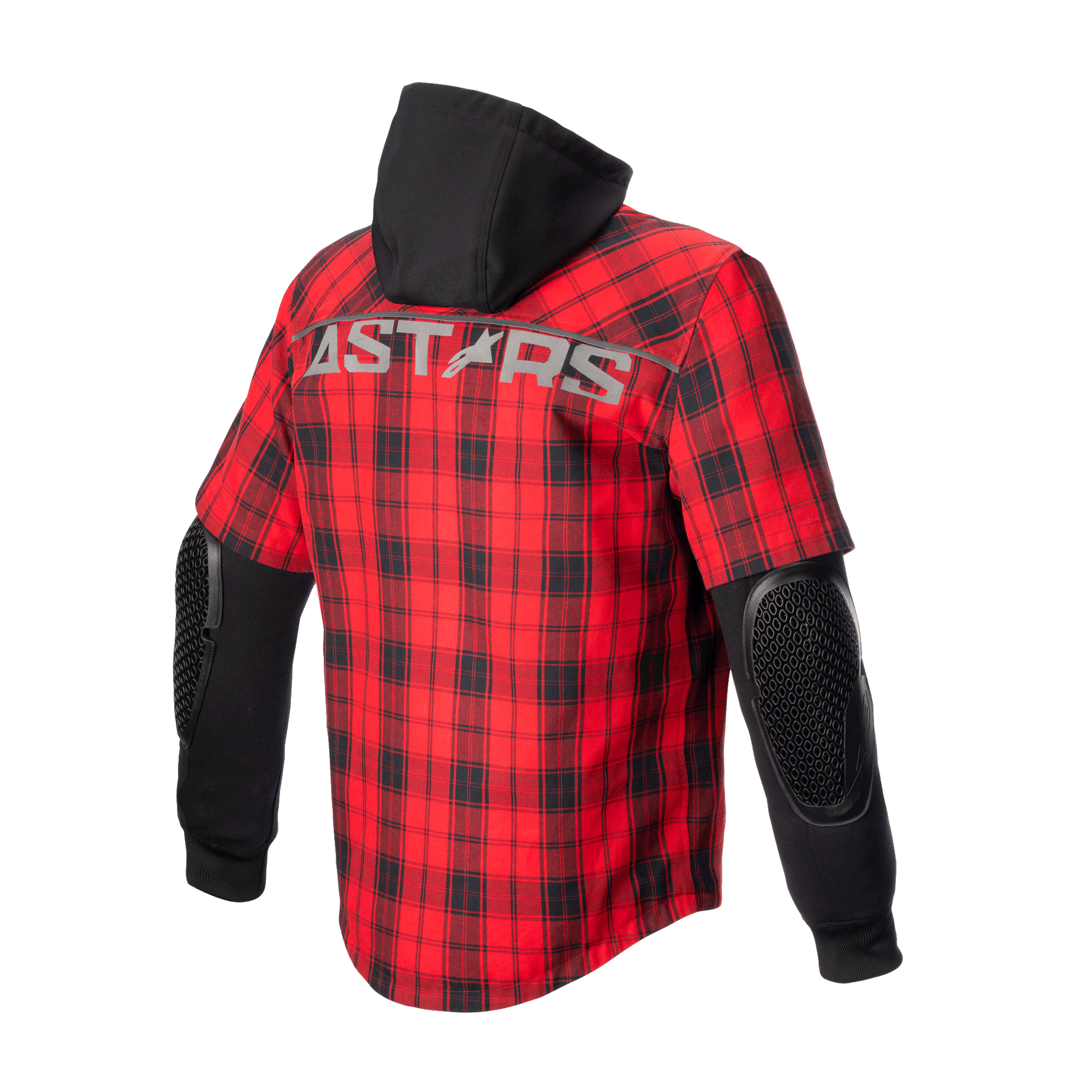 Koszula motocyklowa Alpinestars MO.ST.EQ Tartan, czerwono-czarna, widok z tyłu prezentujący wzór w czerwoną kratę, czarny kaptur, długie czarne rękawy z odsłoniętymi ochraniaczami łokci o strukturze plastra miodu, logo ASTARS na plecach