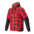 Alpinestars MO.ST.EQ Tartan Shirt, koszula motocyklowa w czerwono-czarną kratę, hybrydowy design z krótkimi rękawami zewnętrznymi i długimi czarnymi rękawami wewnętrznymi, czarny kaptur z pomarańczową podszewką z siatki, przód zapinany na zatrzaski, kieszenie na zamek, miejska ochronna odzież motocyklowa