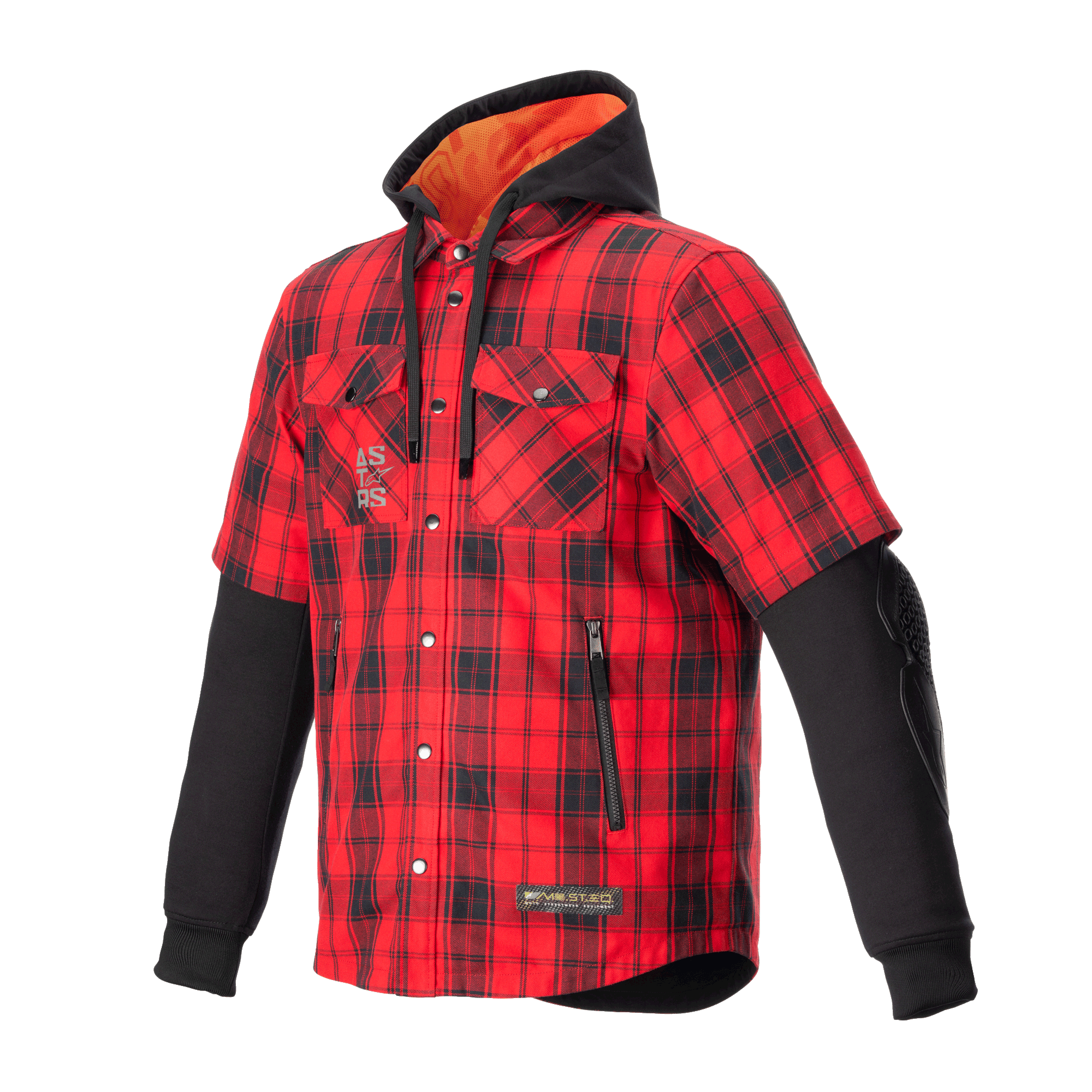 Alpinestars MO.ST.EQ Tartan Shirt, koszula motocyklowa w czerwono-czarną kratę, hybrydowy design z krótkimi rękawami zewnętrznymi i długimi czarnymi rękawami wewnętrznymi, czarny kaptur z pomarańczową podszewką z siatki, przód zapinany na zatrzaski, kieszenie na zamek, miejska ochronna odzież motocyklowa