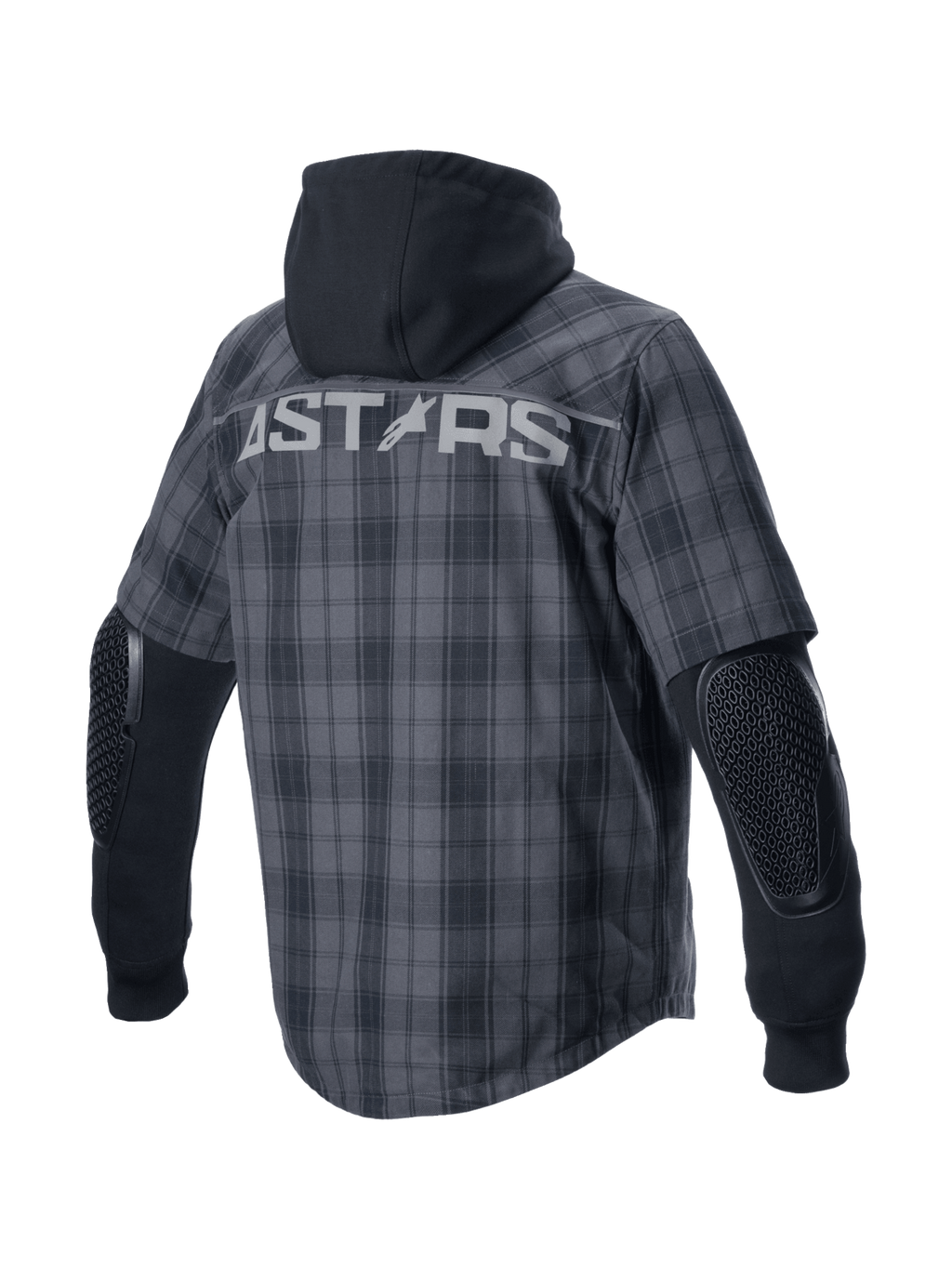 Alpinestars MO.ST.EQ Tartan Shirt, koszula motocyklowa miejska, szary i czarny wzór w kratkę, stały czarny kaptur, odsłonięte ochraniacze łokci, duże logo ASTARS na plecach