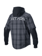 Alpinestars MO.ST.EQ Tartan Shirt, koszula motocyklowa miejska, szary i czarny wzór w kratkę, stały czarny kaptur, odsłonięte ochraniacze łokci, duże logo ASTARS na plecach