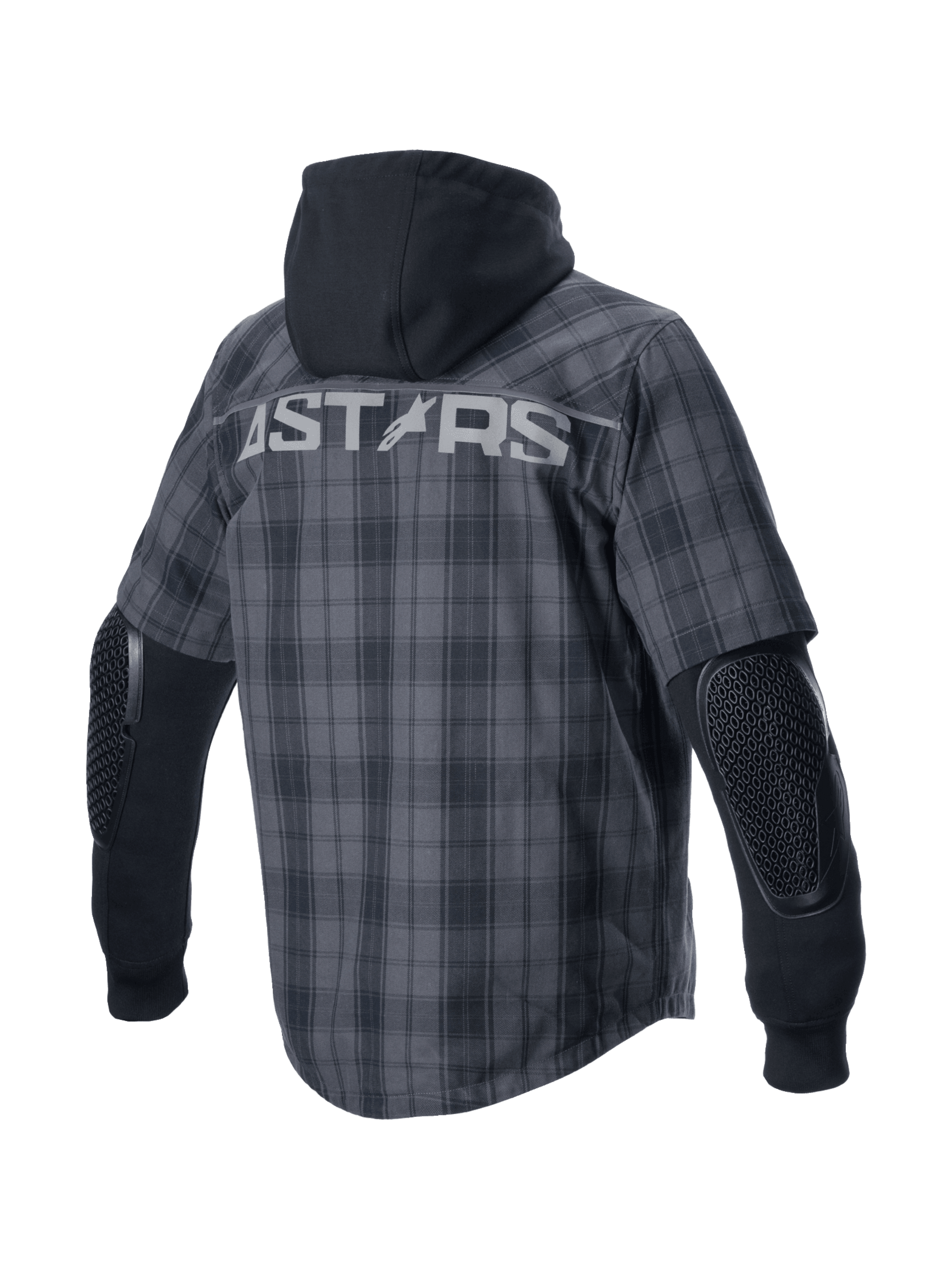 Alpinestars MO.ST.EQ Tartan Shirt, koszula motocyklowa miejska, szary i czarny wzór w kratkę, stały czarny kaptur, odsłonięte ochraniacze łokci, duże logo ASTARS na plecach