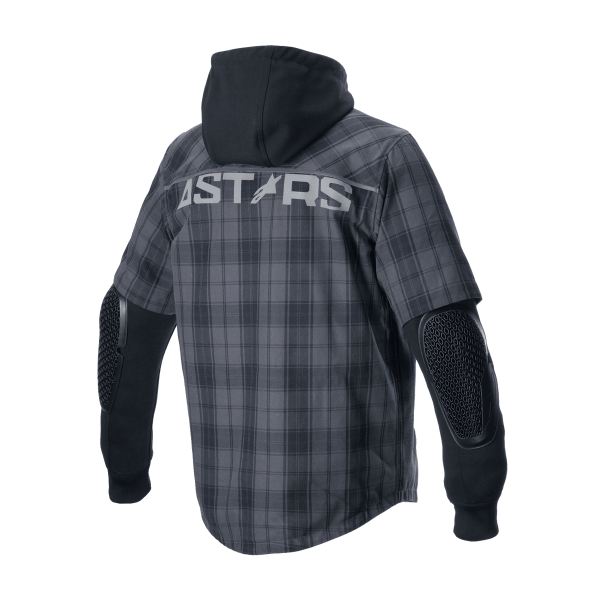 Alpinestars MO.ST.EQ Tartan Shirt, miejska kurtka motocyklowa, kolor Tar Gray Black, widok z tyłu z logo „ASTARS” na łopatkach, stałym czarnym kapturem i odsłoniętymi ochraniaczami łokci o strukturze plastra miodu na długich czarnych rękawach
