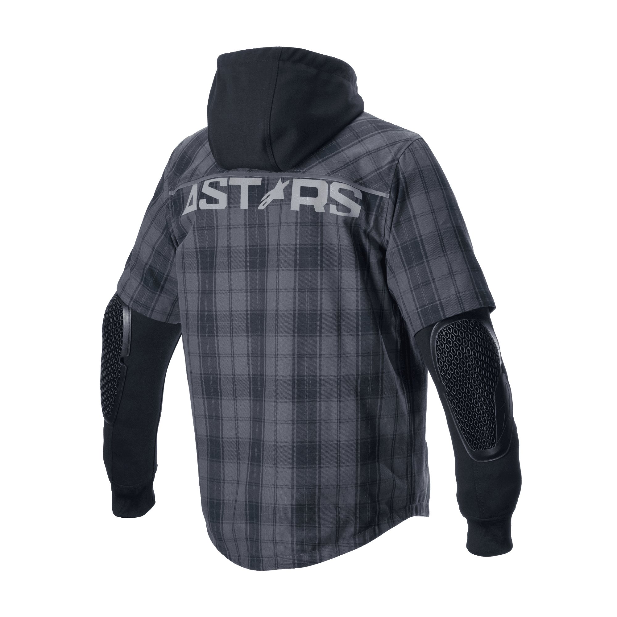 Alpinestars MO.ST.EQ Tartan Shirt, miejska kurtka motocyklowa, kolor Tar Gray Black, widok z tyłu z logo „ASTARS” na łopatkach, stałym czarnym kapturem i odsłoniętymi ochraniaczami łokci o strukturze plastra miodu na długich czarnych rękawach