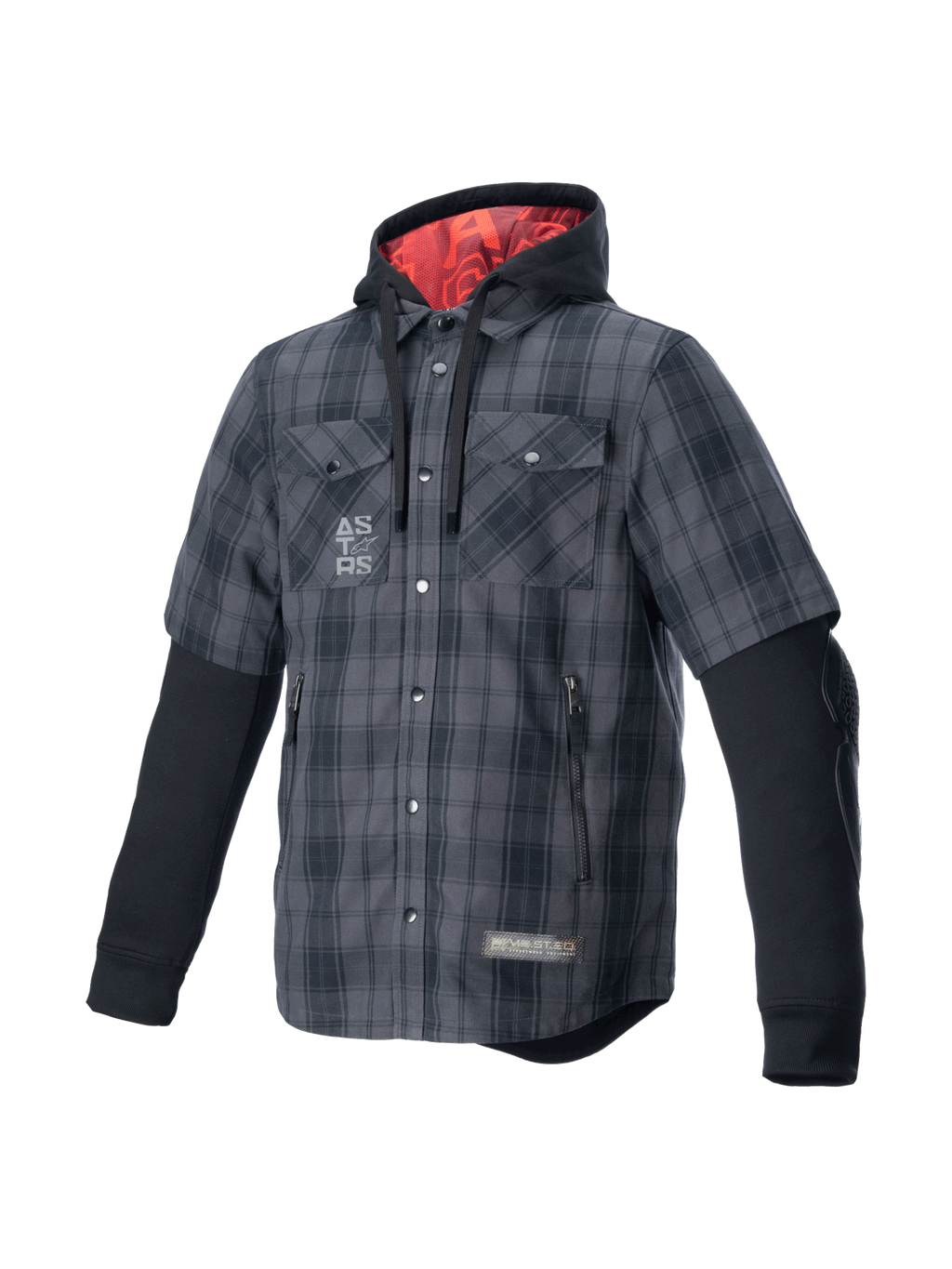 Alpinestars Koszula MO.ST.EQ Tartan, szaro-czarna męska koszula motocyklowa, styl miejski, kaptur z czerwoną podszewką.