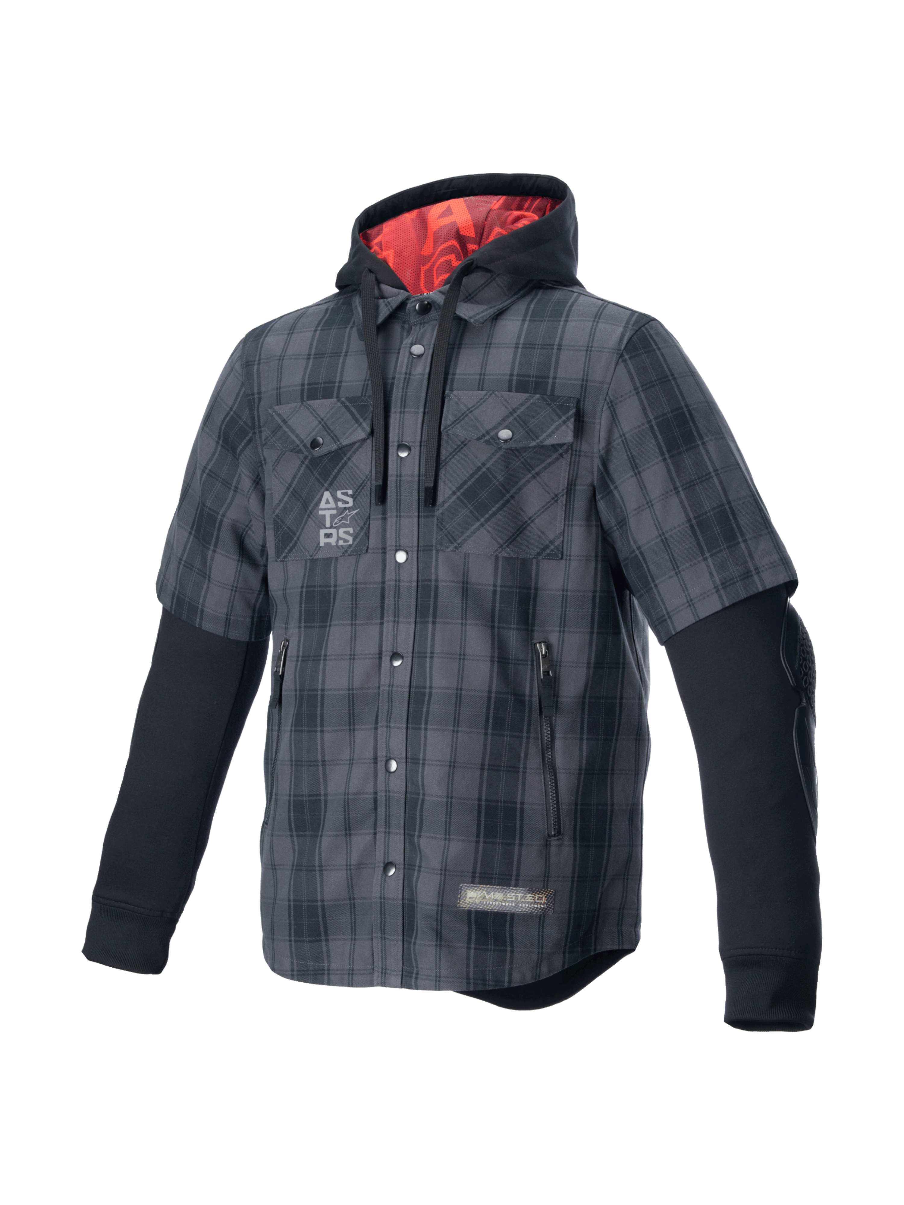 Alpinestars MO.ST.EQ Tartan Shirt, gray and black armored riding garment with a red-lined hood for urban motorcycle style.