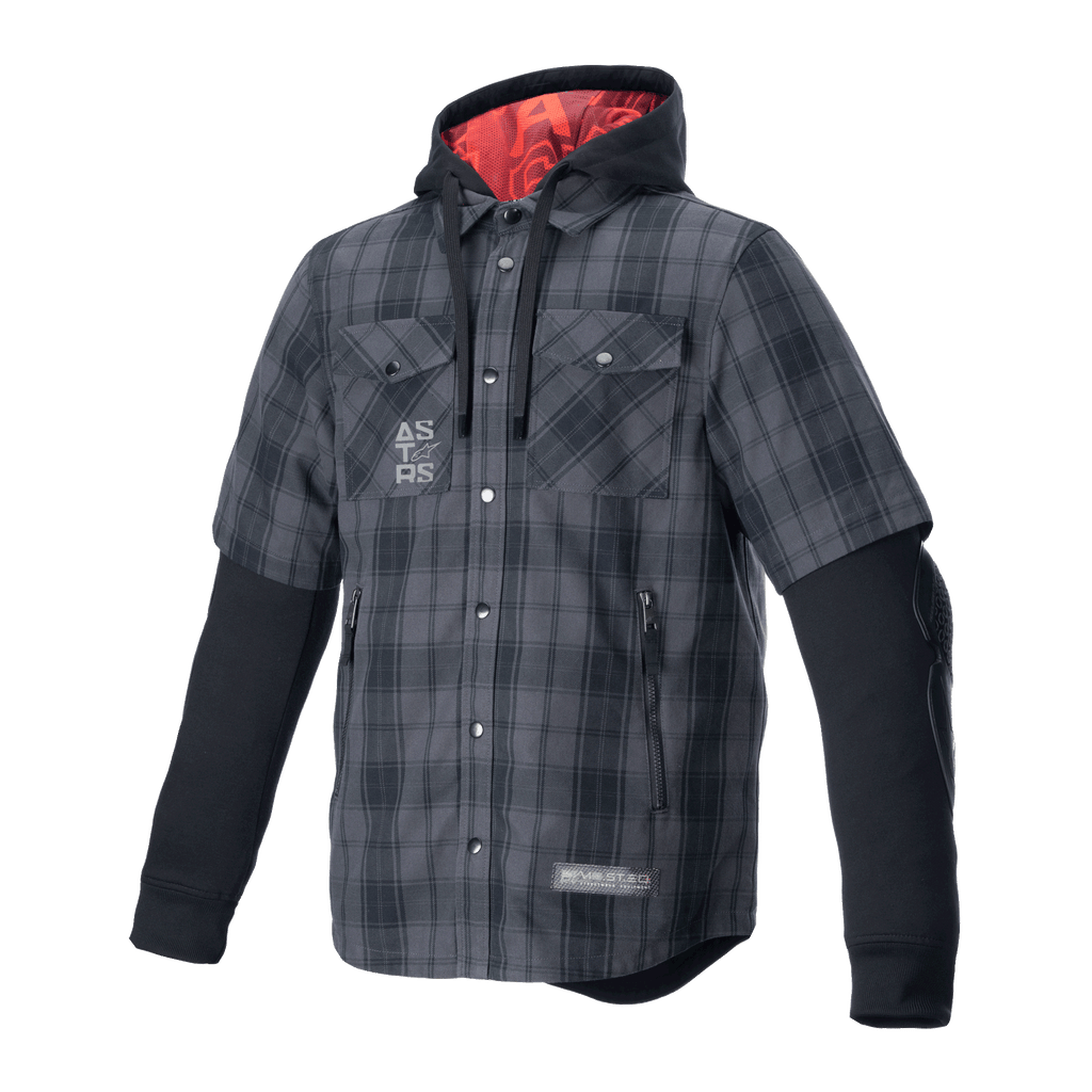 Alpinestars MO.ST.EQ Tartan Shirt, ochronna koszula motocyklowa, szaro-czarna krata, krótki rękaw ze zintegrowaną czarną bluzą z kapturem, czerwona podszewka kaptura, kieszenie na piersi i na ręce, miejska odzież motocyklowa