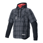 Alpinestars MO.ST.EQ Tartan Shirt, ochronna koszula motocyklowa, szaro-czarna krata, krótki rękaw ze zintegrowaną czarną bluzą z kapturem, czerwona podszewka kaptura, kieszenie na piersi i na ręce, miejska odzież motocyklowa