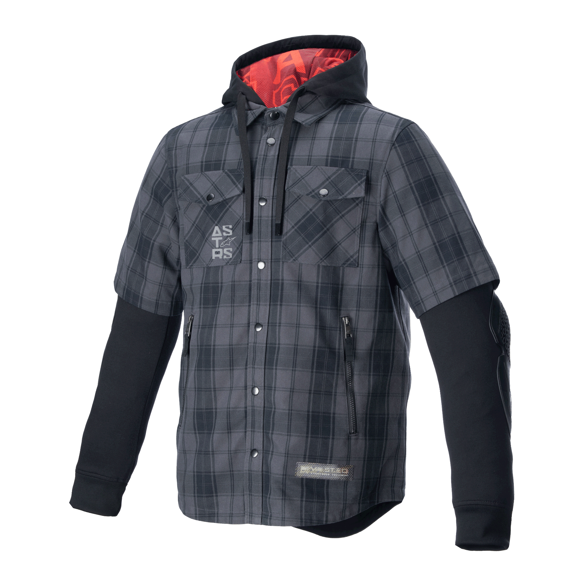 Alpinestars MO.ST.EQ Tartan Shirt, ochronna koszula motocyklowa, szaro-czarna krata, krótki rękaw ze zintegrowaną czarną bluzą z kapturem, czerwona podszewka kaptura, kieszenie na piersi i na ręce, miejska odzież motocyklowa
